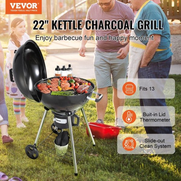 Cooking Equipment | 22″ Kettle Charcoal Grill, Premium Kettle Grill with Wheels Grate and Cover, Porcelain-Enameled Lid and Firebowl with Slide Out Ash Catcher Thermometer for BBQ, Camping, Picnic, Patio and Backyard Cooking Equipment Cooking Equipment