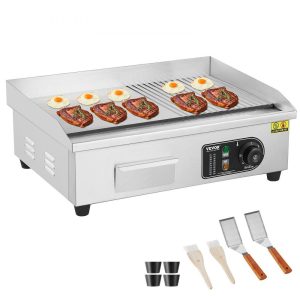 Cooking Equipment | Commercial Electric Griddle, 1600W Countertop Half-Flat Top Grill, 122℉-572℉ Adjustable Temp, 21.26×11.81×0.39in Stainless Steel Griddle Grill with 2 Shovels and 2 Brushes for Home or Restaurant Cooking Equipment Cooking Equipment