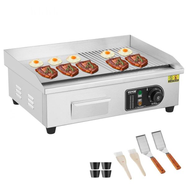 Cooking Equipment | Commercial Electric Griddle, 1600W Countertop Half-Flat Top Grill, 122℉-572℉ Adjustable Temp, 21.26×11.81×0.39in Stainless Steel Griddle Grill with 2 Shovels and 2 Brushes for Home or Restaurant Cooking Equipment Cooking Equipment