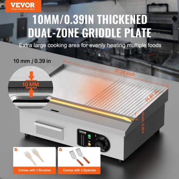 Cooking Equipment | Commercial Electric Griddle, 1600W Countertop Half-Flat Top Grill, 122℉-572℉ Adjustable Temp, 21.26×11.81×0.39in Stainless Steel Griddle Grill with 2 Shovels and 2 Brushes for Home or Restaurant Cooking Equipment Cooking Equipment