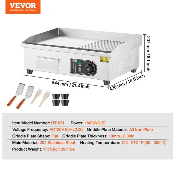 Cooking Equipment | Commercial Electric Griddle, 1600W Countertop Half-Flat Top Grill, 122℉-572℉ Adjustable Temp, 21.26×11.81×0.39in Stainless Steel Griddle Grill with 2 Shovels and 2 Brushes for Home or Restaurant Cooking Equipment Cooking Equipment