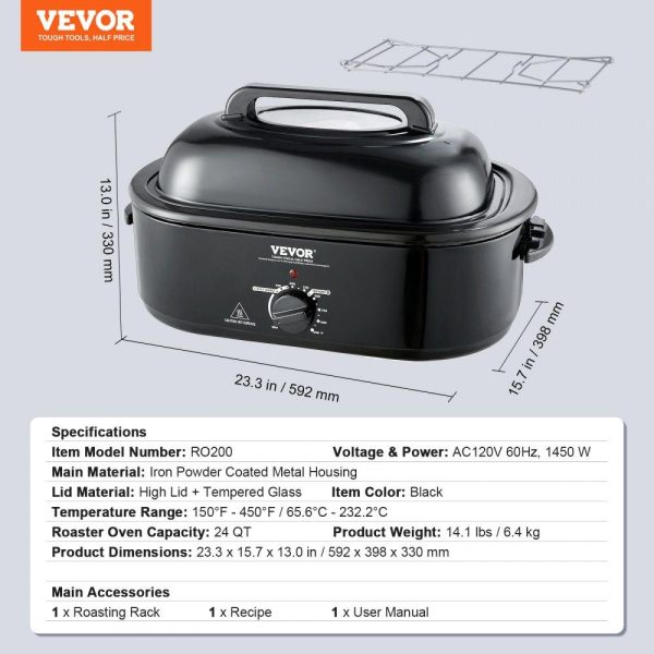 Cooking Equipment | Electric Roaster Oven, 24 QT Turkey Roaster Oven with Self-Basting Lid, 1450W Roaster Oven with Defrost & Warm Function, Adjustable Temp, Removable Pan & Rack, Fits Turkeys Up to 28LBS, Black Cooking Equipment Cooking Equipment