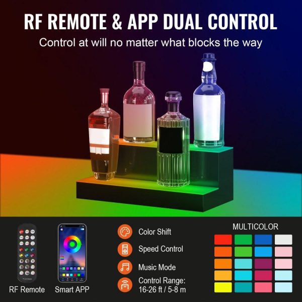 Food Display & Merchandising Equipment | LED Lighted Liquor Bottle Display Bar Shelf RF & App Control 16″ 2-Step Food Display & Merchandising Equipment Food Display & Merchandising Equipment