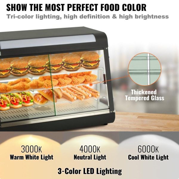 Food Holding & Warming Equipment | Commercial Food Warmer Display, 3 Tiers, 1800W Pizza Warmer w/ 3D Heating 3-Color Lighting Bottom Fan, Countertop Pastry Warmer w/Temp Knob Display 0.6L Water Tray, Stainless Frame Glass Doors Food Holding & Warming Equipment Food Holding & Warming Equipment