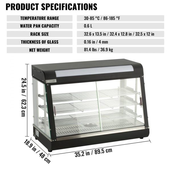 Food Holding & Warming Equipment | Commercial Food Warmer Display, 3 Tiers, 1800W Pizza Warmer w/ 3D Heating 3-Color Lighting Bottom Fan, Countertop Pastry Warmer w/Temp Knob Display 0.6L Water Tray, Stainless Frame Glass Doors Food Holding & Warming Equipment Food Holding & Warming Equipment