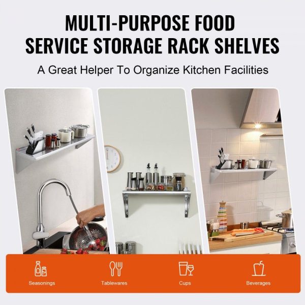 Storage & Organization | 12″ x 48″ Stainless Steel Shelf, Wall Mounted Floating Shelving with Brackets, 280 lbs Load Capacity Commercial Shelves, Heavy Duty Storage Rack for Restaurant, Kitchen, Bar, Home, and Hotel Restaurant & Food Service Storage & Organization