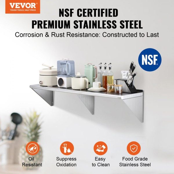 Storage & Organization | 14″ x 60″ Stainless Steel Shelf, Wall Mounted Floating Shelving with Brackets, 400 lbs Load Capacity Commercial Shelves, Heavy Duty Storage Rack for Restaurant, Kitchen, Bar, Home, and Hotel Restaurant & Food Service Storage & Organization