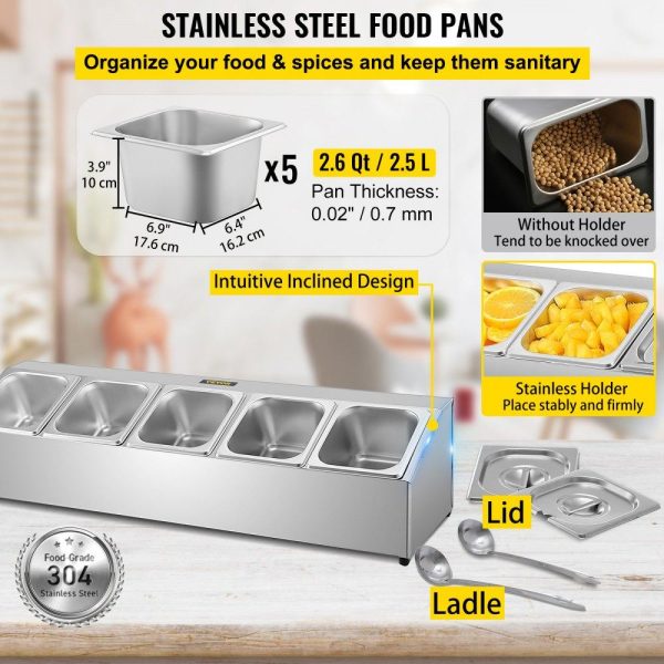 Storage & Organization | Spice Rack Shelf, One Row, Stainless Steel Organizer Stand with Five 1/6 Pans and Five Ladles, Countertop Inclined Holder for Seasoning Sauce Jam Fruits Ingredients, for Kitchen Pantry Use Restaurant & Food Service Storage & Organization