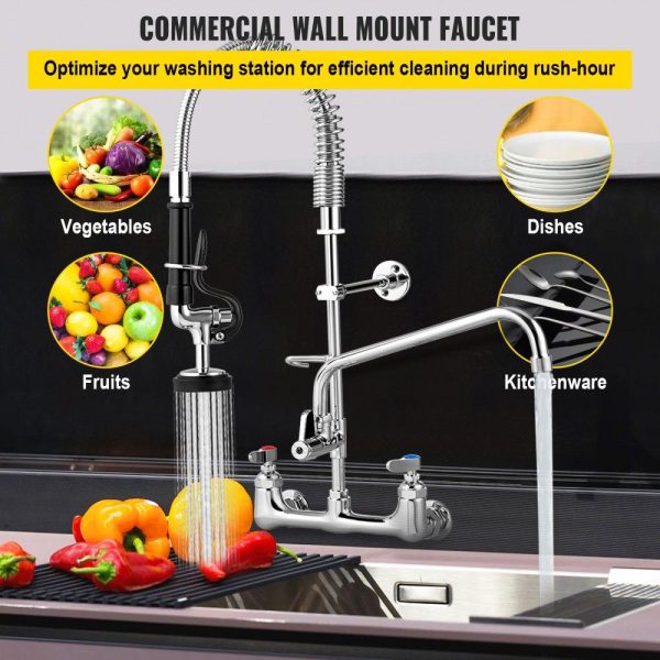 Restaurant Faucets & Plumbing & Sinks | Commercial Faucet with Pre-Rinse Sprayer, 8″ Adjustable Center Wall Mount Kitchen Faucet with 12″ Swivel Spout, 25″ Height Compartment Sink Faucet for Industrial Restaurant, Lead-Free Brass Restaurant & Food Service Restaurant Faucets & Plumbing & Sinks