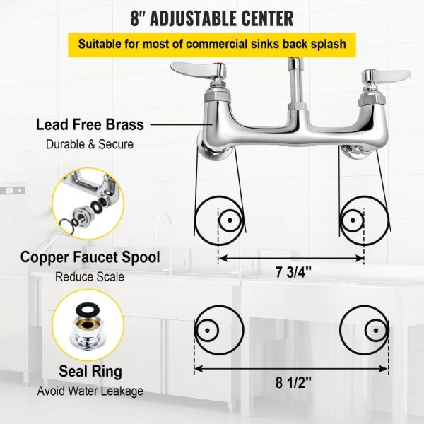 Restaurant Faucets & Plumbing & Sinks | Commercial Faucet with Pre-Rinse Sprayer, 8″ Adjustable Center Wall Mount Kitchen Faucet with 12″ Swivel Spout, 25″ Height Compartment Sink Faucet for Industrial Restaurant, Lead-Free Brass Restaurant & Food Service Restaurant Faucets & Plumbing & Sinks