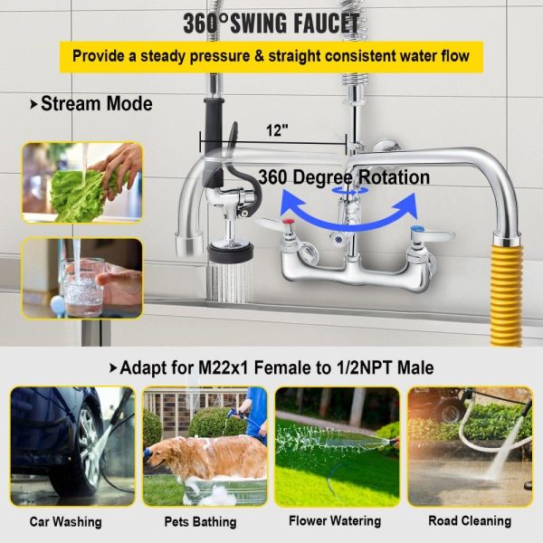 Restaurant Faucets & Plumbing & Sinks | Commercial Faucet with Pre-Rinse Sprayer, 8″ Adjustable Center Wall Mount Kitchen Faucet with 12″ Swivel Spout, 25″ Height Compartment Sink Faucet for Industrial Restaurant, Lead-Free Brass Restaurant & Food Service Restaurant Faucets & Plumbing & Sinks