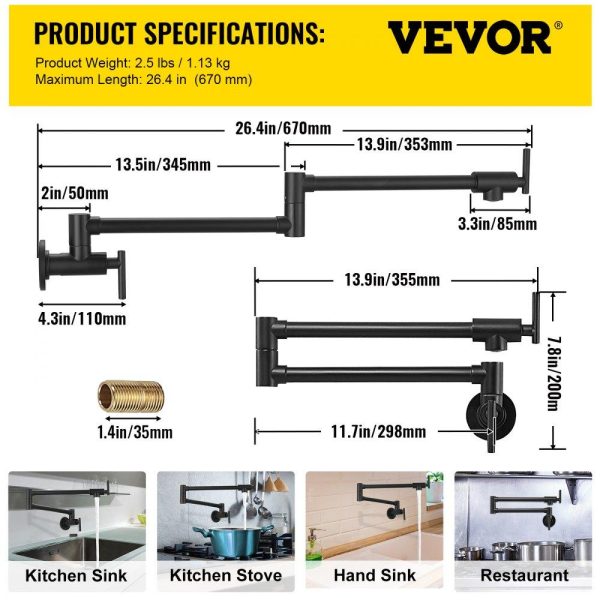 Restaurant Faucets & Plumbing & Sinks | Pot Filler Faucet, Solid Brass Commercial Wall Mount Kitchen Stove Faucet with Gold Brushed Finish, Folding Restaurant Sink Faucet with Double Joint Swing Arm & 2 Handles Black Restaurant & Food Service Black