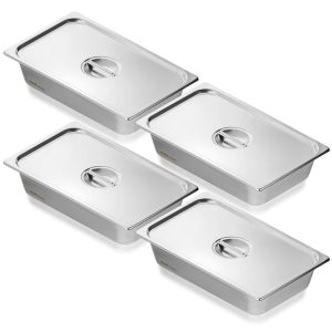 Smallwares | 4 Pack Hotel Pans, Full Size Anti-Jam Steam Pan with Lid, 0.8mm Thick Stainless Steel Steam Table Pan, 4-Inch Deep Commercial Table Pan, Catering Storage Food Pan, for Industrial & Scientific Restaurant & Food Service Smallwares