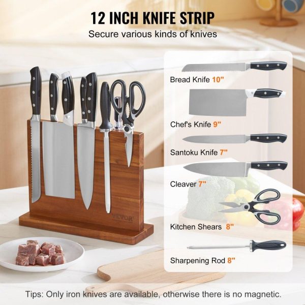 Smallwares | Magnetic Knife Block, 12 inch Home Kitchen Knife Holder, Double Sided Magnetic Knife Stand, Multifunctional Storage Acacia Wood Knives Rack, Cutlery Display Organizer for Knives, Utensils, Tools Restaurant & Food Service Smallwares