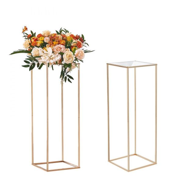 Venue Decoration | 2PCS 31.5inch High Wedding Flower Stand, With Acrylic Laminate,Metal Vase Column Geometric Centerpiece Stands, Gold Rectangular Floral Display Rack for Events Reception, Party Decoration Restaurant & Food Service Venue Decoration